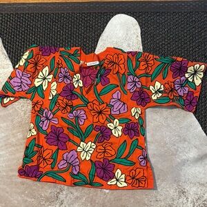 Roller Rabbit Women’s Cotton Shirt With Stitched Purple, Orange, Yellow Flowers